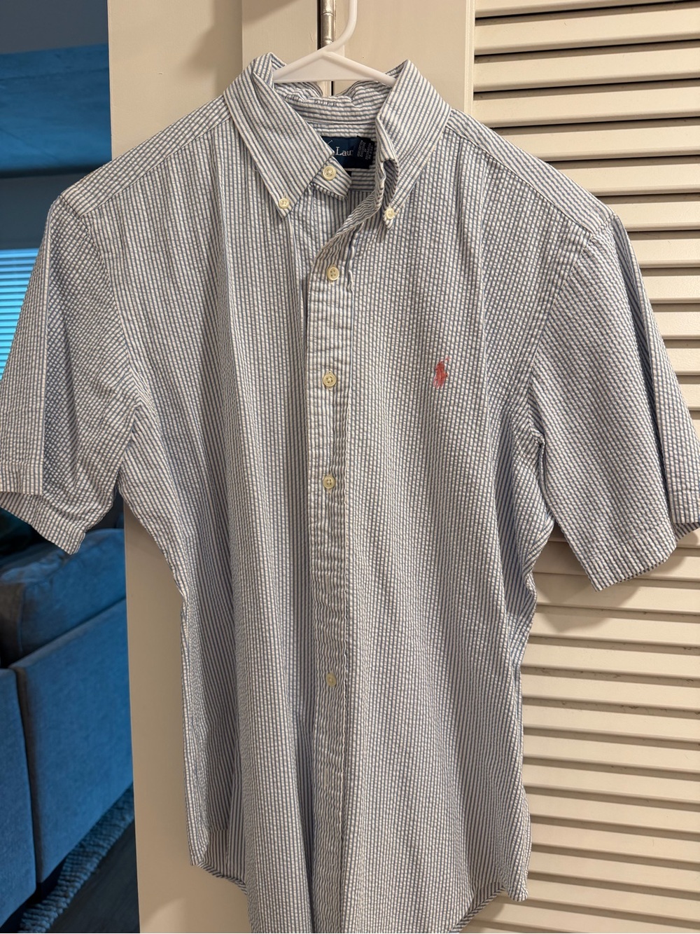 Ralph Lauren Blue and White Seersucker Short-Sleeve Button-Down Shirt